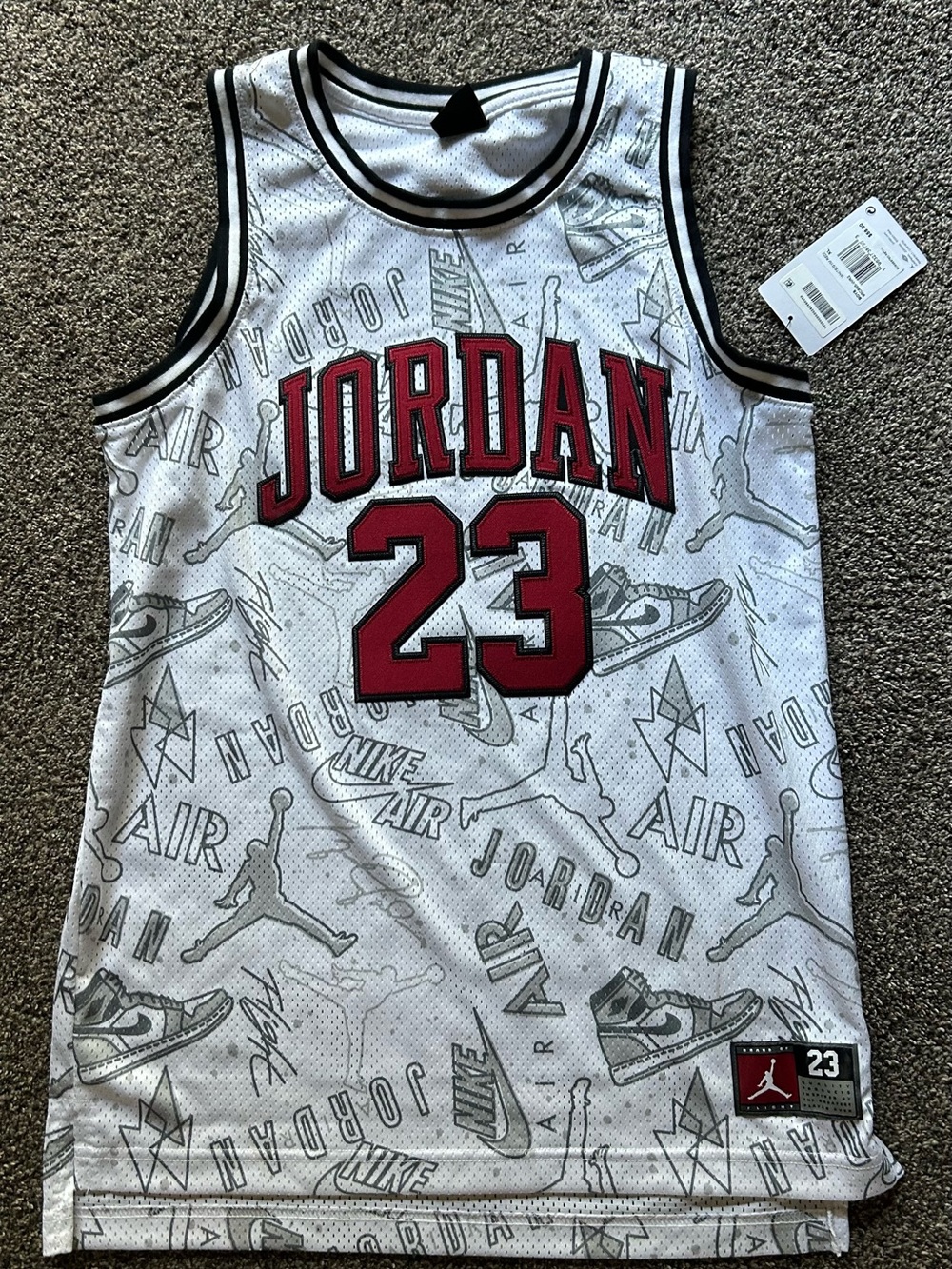 Jordan White Black Trim Red Logo 23 Mesh Jersey